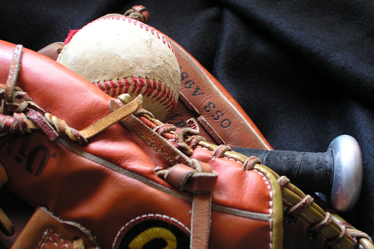 Baseball mit, baseball, and bat. 